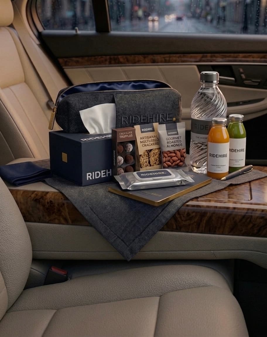 Ridehire luxury personal amenity kit — complimentary bottled water, premium snacks, juices, and wet wipes